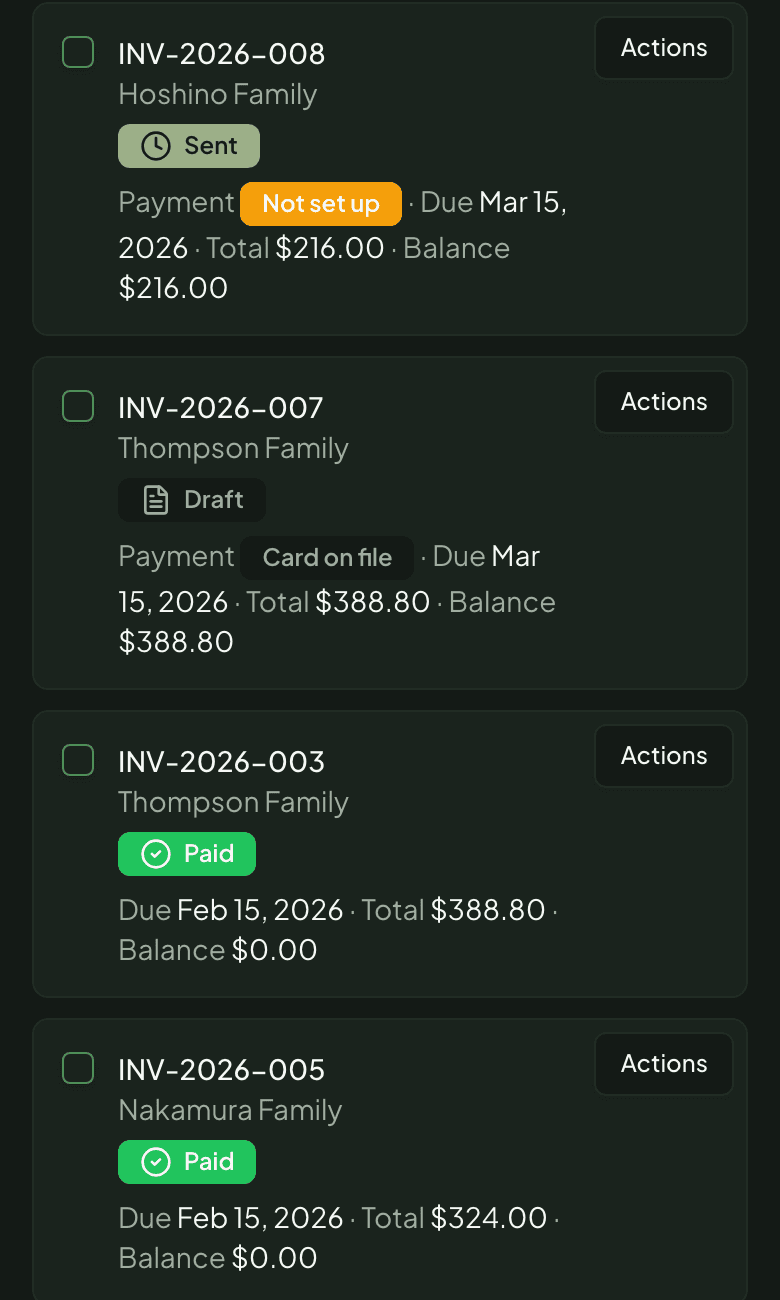 Trio billing invoice list on a phone showing family invoices with Sent, Draft and Paid statuses and a Card on file or Not set up payment column.