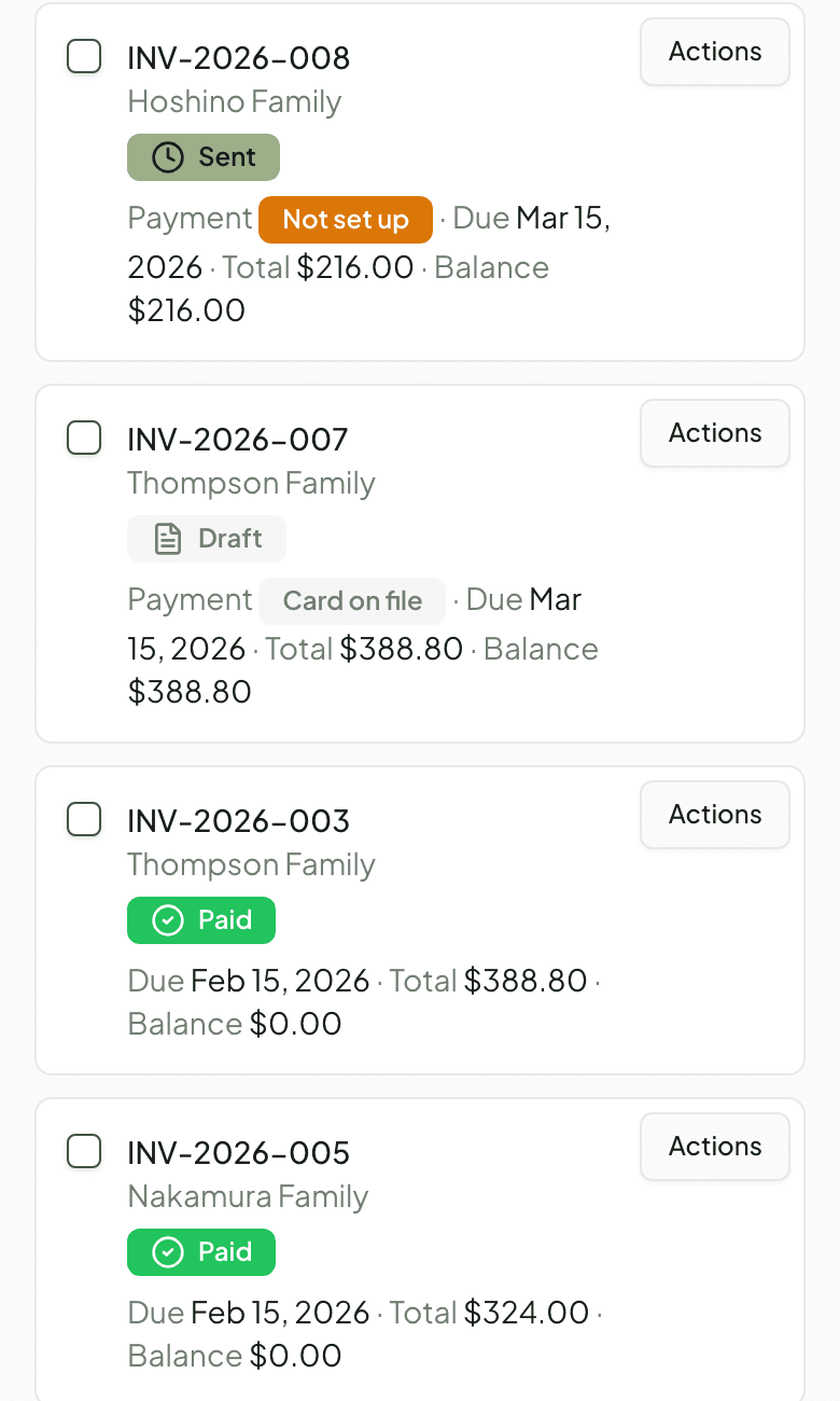 Trio billing invoice list on a phone showing family invoices with Sent, Draft and Paid statuses and a Card on file or Not set up payment column.