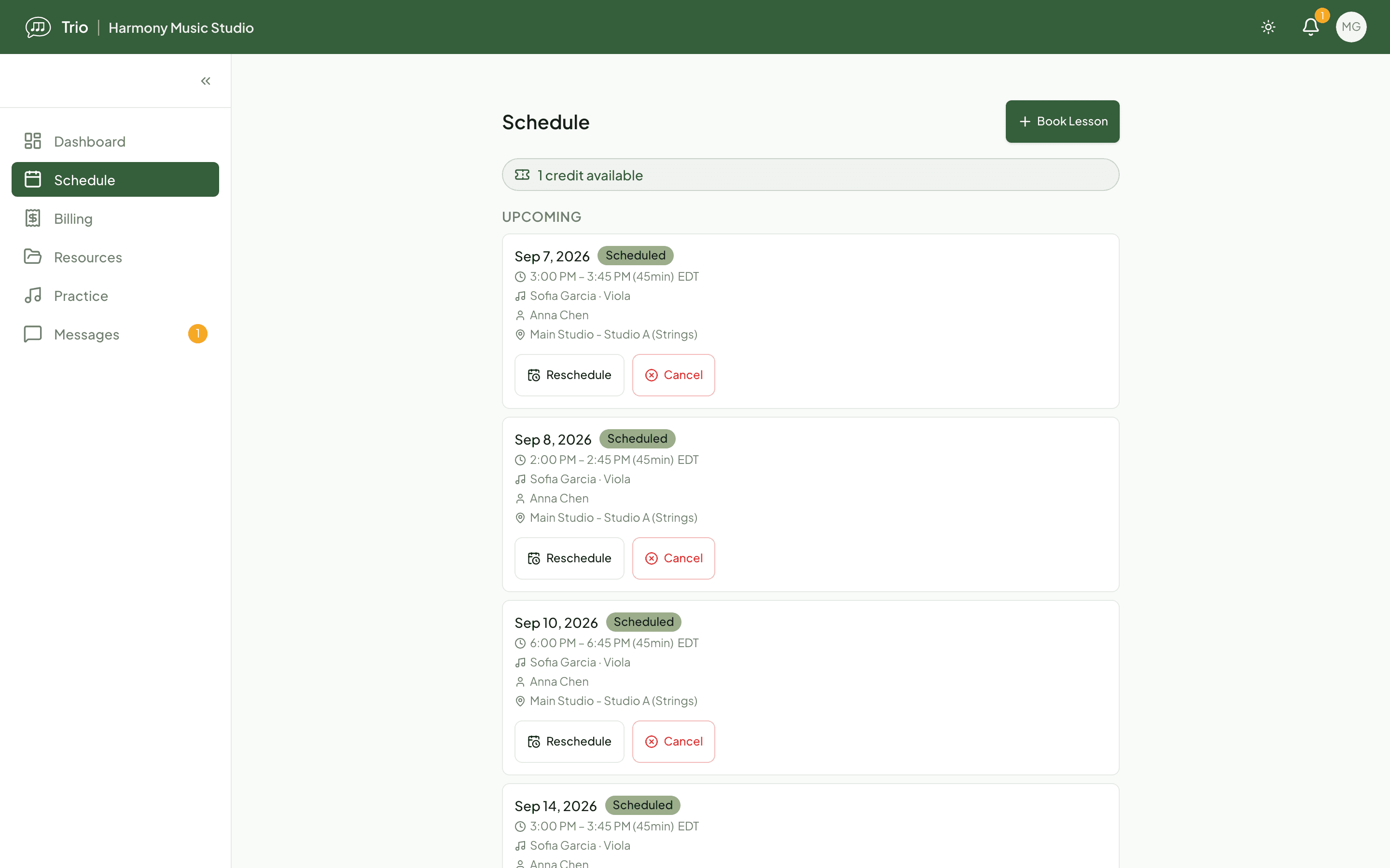 A family's schedule in the Trio member portal, showing an available makeup credit and a Book lesson action.