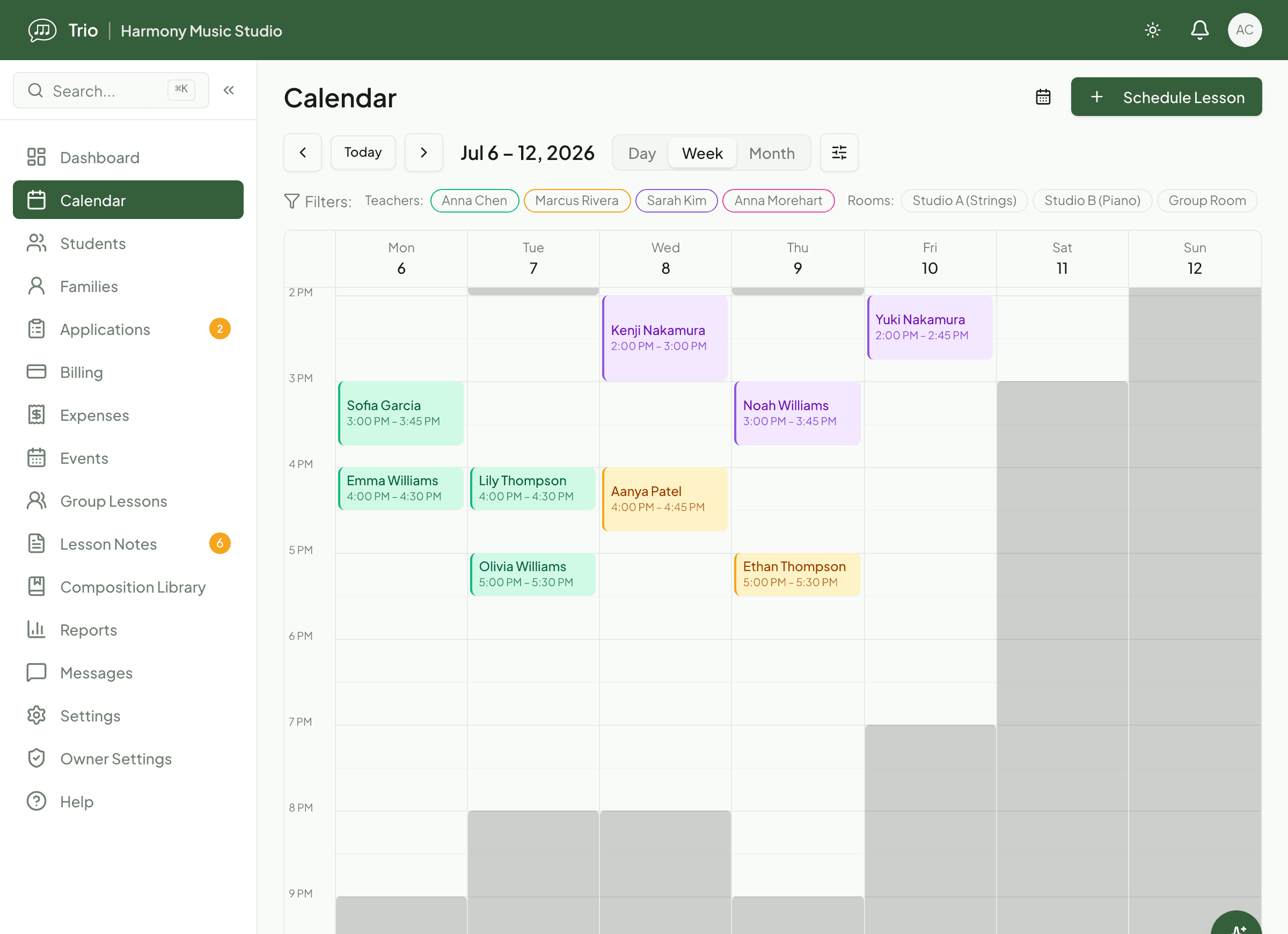 Trio week calendar in light mode with colour-coded lessons across teachers